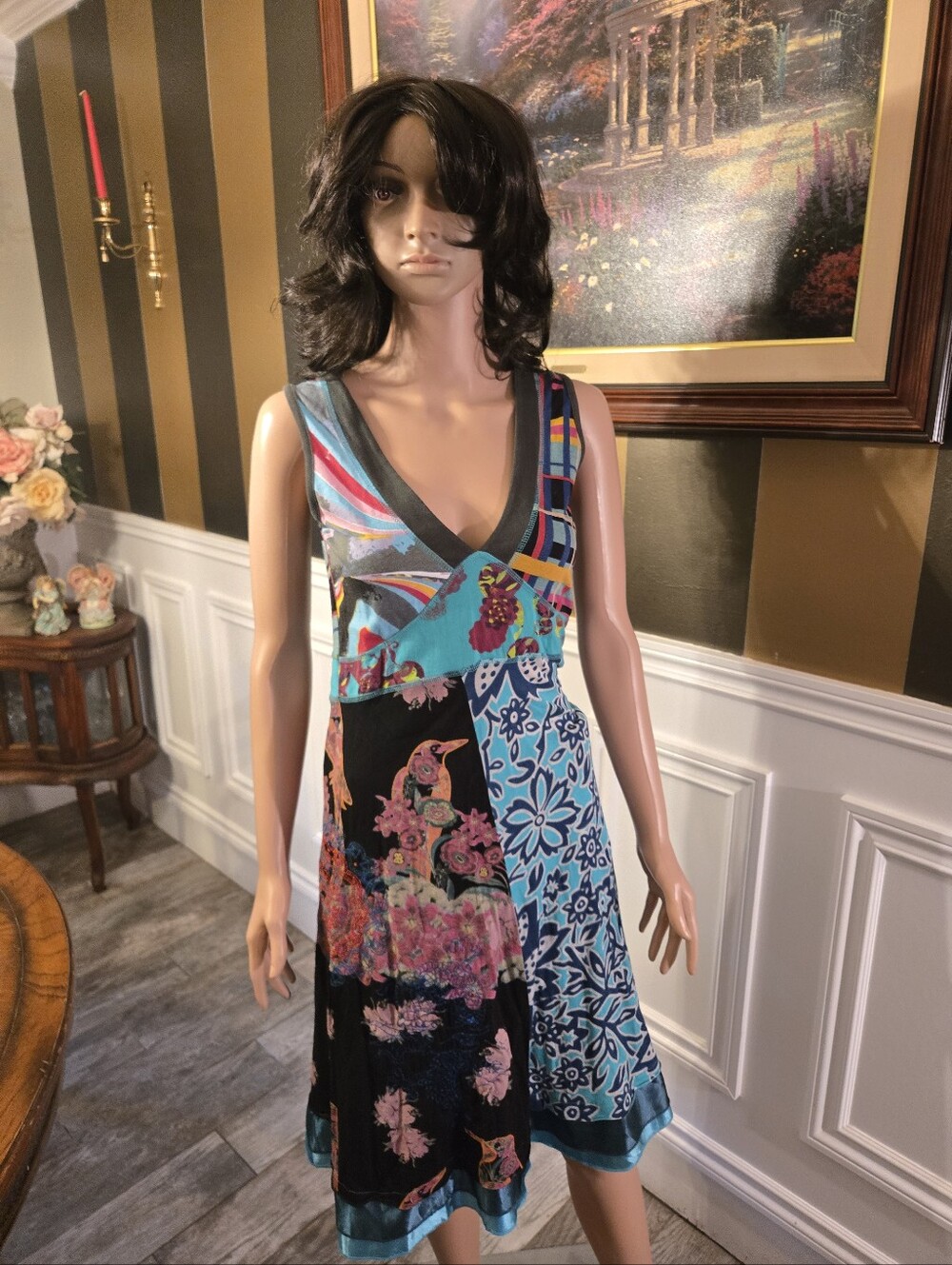 Desigual Patchwork V-Neck Sleeveless Dress in Teal, Black, Pink and Blue